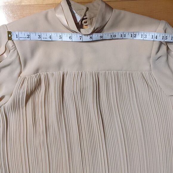 VINTAGE Pleated Midi trapeze Dress with high neck Beige neutral tone Small @L - Picture 7 of 12